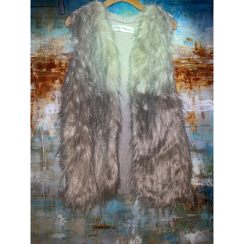Sebby Collection Womens XL Faux‎ Fur Knit Vest Natural Taupe Ombre Open Front